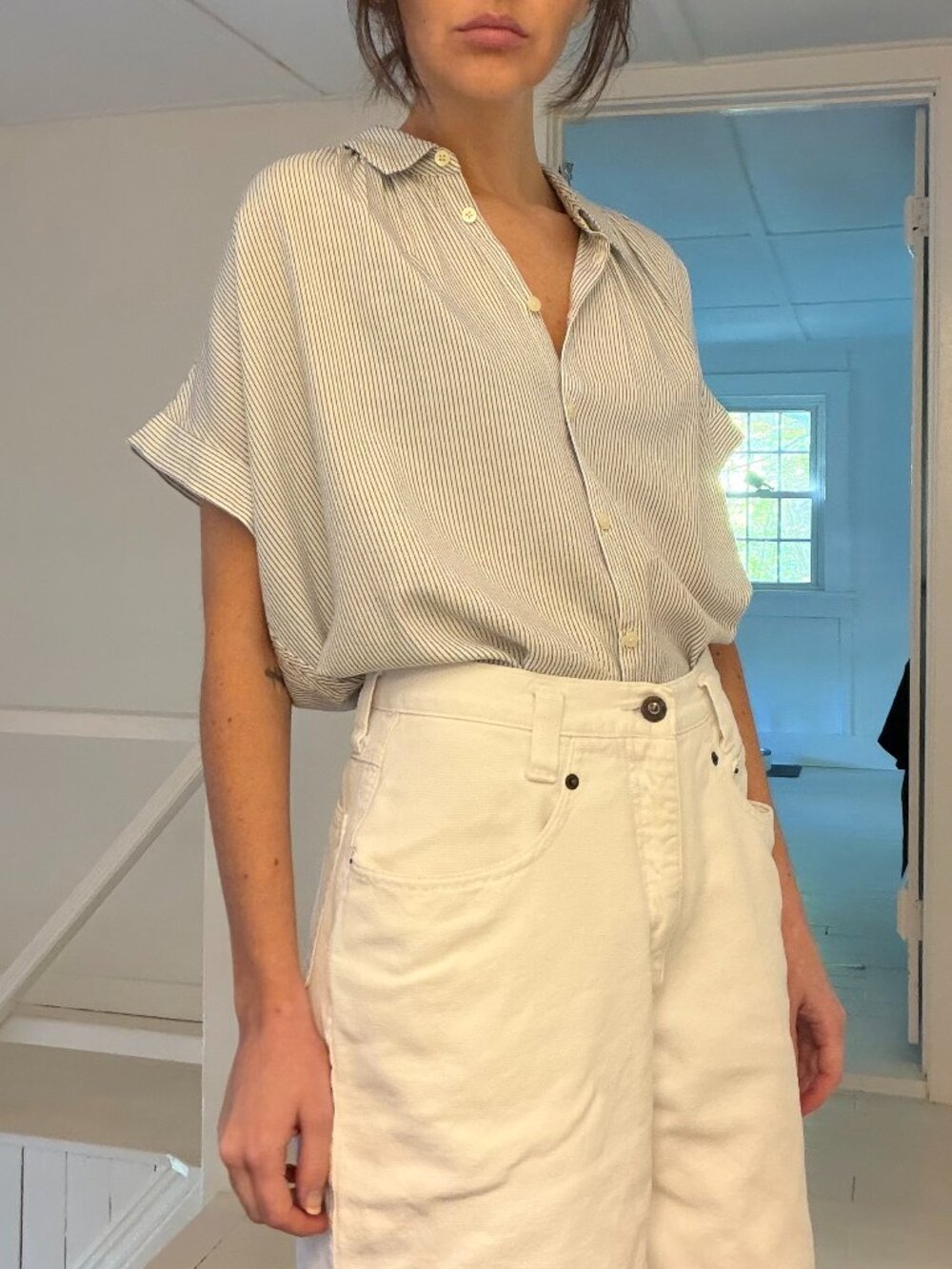 Madewell Button Down Central Shirt in White Wash Luis Stripe Size S Retail $70